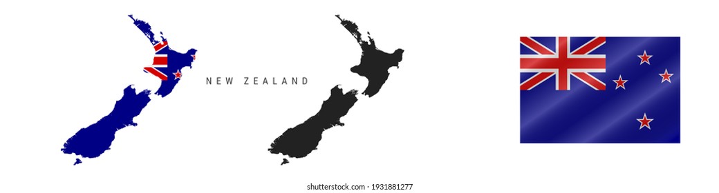 New Zealand. Map with masked flag. Detailed silhouette. Waving flag. illustration isolated on white.