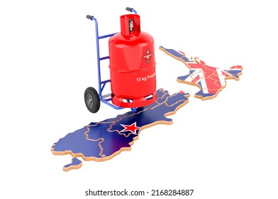 New Zealand Map With Propane Gas Cylinder On Hand Truck. Gas Delivery Service In New Zealand, Concept. 3D Rendering Isolated On White Background