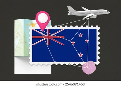 New Zealand travel concept with flag, map, airplane, and location pin. Explore New Zealand with travel icons. Discover New Zealand's travel destinations. New Zealand flag. - Powered by Shutterstock