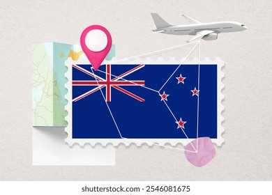 New Zealand travel concept with map, airplane, and flag. Explore New Zealand with a map, airplane, and iconic flag. Travel to New Zealand with these symbols. - Powered by Shutterstock