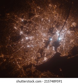 Newark (New Jersey, USA) street lights map. Satellite view on modern city at night. Imitation of aerial view on roads network. 3d render, high resolution