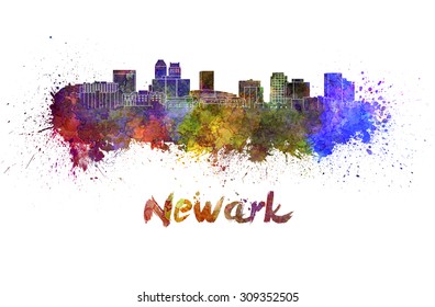 Newark skyline in watercolor splatters with clipping path