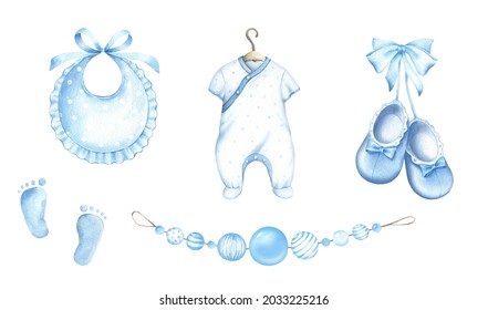 Newborn Baby Boy Clipart Set.Accessories For A Newborn  Baby Boy.Watercolor Hand Drawn Illustrations With  Elements For Baby Shower Isolated On White Background.