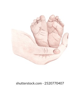 Newborn Baby feet in Mother Hands. Happy Motherhood concept. Hand drawn Watercolor illustration for Mother's day isolated on a white background. For Baby shower and Gender Party Cards and Invitations. - Powered by Shutterstock