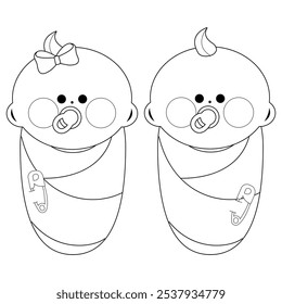 Newborn baby girl and boy infants wrapped in cloth. Cute swaddled newborn babies wrapped in soft blankets. Black and white coloring page - Powered by Shutterstock