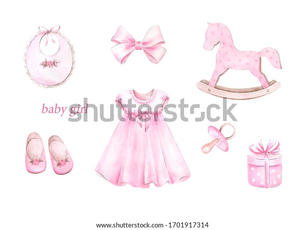 Newborn Baby Girl Clipart Set Watercolor Stock Illustration