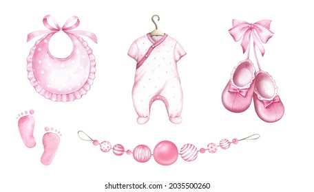 Newborn Baby Girl Clipart Set.Accessories For A Newborn; Baby Girl.Watercolor Hand Painted Illustrations Isolated On White Background.