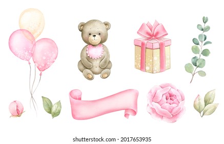 Newborn Baby girl clipart set.Little bear,air ballons,gift boxes, banner, flowers for baby shower invitations. Watercolor illustration isolated on white background.
