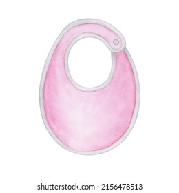 Newborn Baby Girl Pink Bib Watercolor Illustration. Cute Hand Drawn Baby Shower Design Element. Isolated Clipart Element On White Background. Newborn Accessories.