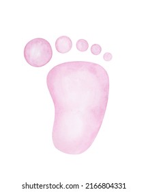 Newborn Baby Girl Pink Footprint Watercolor Illustration. Cute Hand Drawn Baby Shower Design Element. Isolated Clipart Element On White Background. 