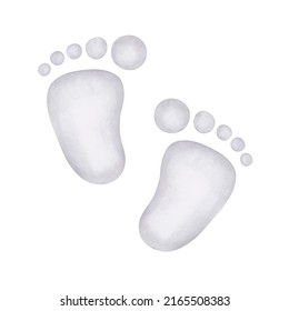 Newborn Baby Neutral Gray Footprint Watercolor Illustration. Cute Hand Drawn Baby Shower Design Element. Isolated Clipart Element On White Background. 