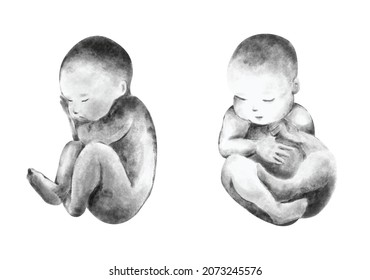 Newborn Baby Peaceful Sleeping Sitting Floating in Black and White Watercolor Illustration - Powered by Shutterstock