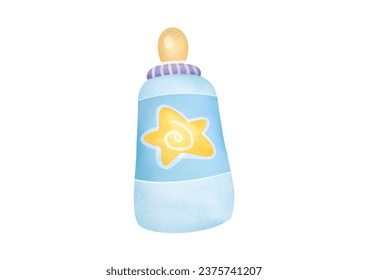 Newborn blue cute baby bottle for boy Hand drawn watercolor illustration isolated on white background. newborn things hand painted art. feeding infants, the first complementary food - Powered by Shutterstock