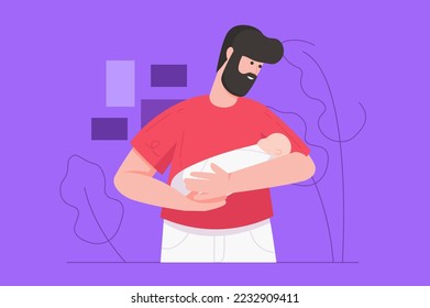 Newborn care in young family modern flat concept. Happy father holding and hugging sleeping baby. Fatherhood, relationship and childhood. Illustration with people scene for web banner design - Powered by Shutterstock