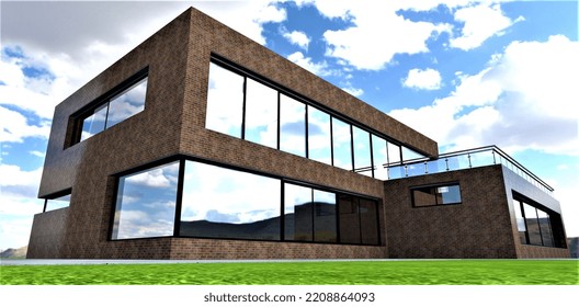 Newly Built Low-rise Office Building In An Environmentally Friendly Area. Mirror Panoramic Heat-saving Windows. Spacious Adjacent Green Lawn. 3d Rendering.