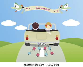 Newly wed couple in love drives in a cream colored cabriolet car. Two birds with a just married ribbon are flying in the blue sky with three clouds above the couple, the grey road and green hills. - Powered by Shutterstock