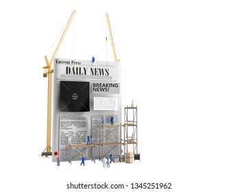 News Building Concept Builders Stick Newspaper Columns On A Blank Newspaper Sheet 3d Render On White No Shadow