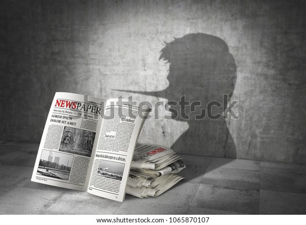 News concept. Fake news. Newspapers cast\
shadow in form of liar. 3d\
illustration