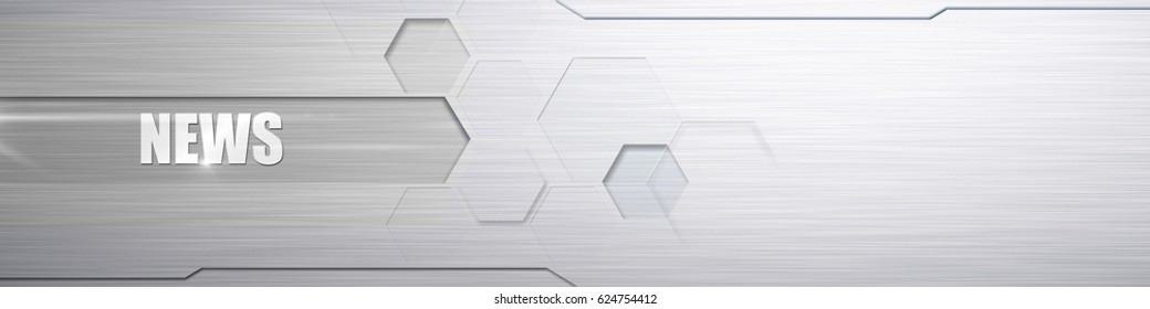 News Header Banner, Grey Background, Shiny Metal Texture And Title 