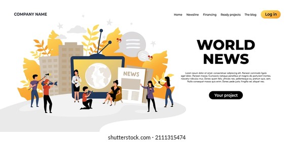 News Landing Page. Mass Media And Online News Source Web Page Concept, Content Creating And Interview Recording.  Journalism Website