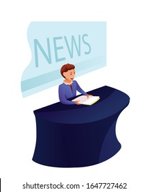 News Program Recording Illustration. News Reader. Shooting News Show In Studio. Newscaster In Business Suit. Television Show Recording In Professional Studio. Raster Copy
