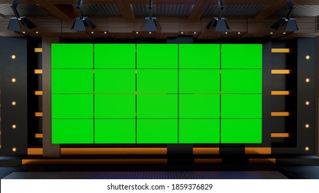 News Studio, Backdrop For TV Shows .TV On Wall.3D Virtual News Studio Background, 3d Illustration
