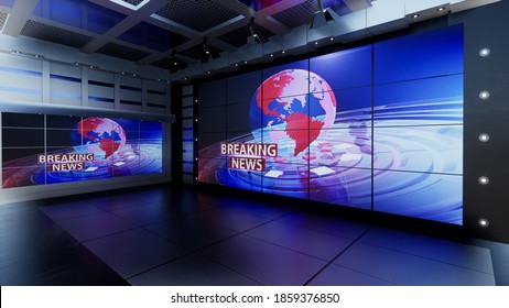 News Studio, Backdrop For TV Shows .TV On Wall.3D Virtual News Studio Background, 3d Illustration
