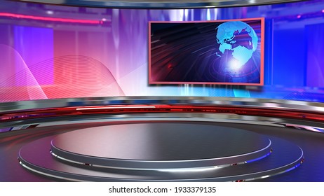 News Studio, Backdrop For TV Shows .TV On Wall.3D Virtual News Studio Background, 3d Illustration	