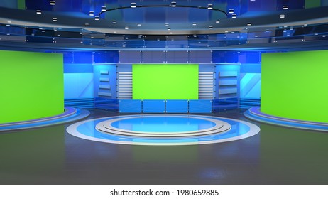 News Studio, Backdrop For TV Shows .TV On Wall.3D Virtual News Studio Background, 3d illustration	
