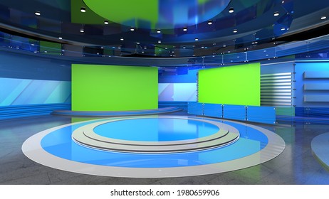 News Studio, Backdrop For TV Shows .TV On Wall.3D Virtual News Studio Background, 3d Illustration	
