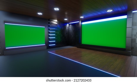 News Studio, Backdrop For TV Shows .TV On Wall.3D Virtual News Studio Background, 3d Illustration	