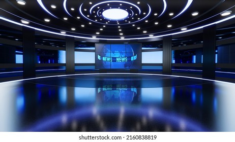 News Studio, Backdrop For TV Shows .TV On Wall.3D Virtual News Studio Background, 3d Illustration