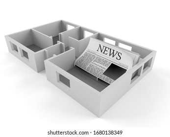 Newspaper inside house plan isolated on white background. 3d illustration