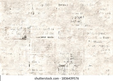 Newspaper paper grunge aged newsprint pattern background. Vintage old newspapers template texture. Unreadable news horizontal page with place for text, images. Sepia color art collage.