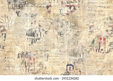 Newspaper paper grunge aged newsprint pattern background. Vintage old newspapers template texture. Unreadable news horizontal page with place for text, images. Brown color art collage.