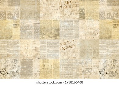 Newspaper Paper Grunge Aged Newsprint Pattern Background. Vintage Old Newspapers Template Texture. Unreadable News Horizontal Page With Place For Text, Images. Brown Art Collage.