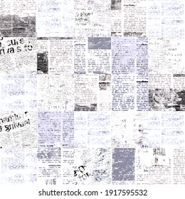 Newspaper Paper Grunge Newsprint Patchwork Seamless Pattern Background. Trendy Pieces Of Newspapers In Patchwork Style. Black White And Gray Vintage Art Collage. Print For Textile, Wallpaper, Wrapping