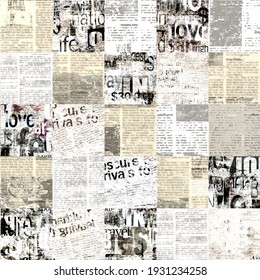 Newspaper paper grunge newsprint patchwork seamless pattern background. Trendy imitation sewn pieces of newspapers in patchwork style. Beige vintage art collage. Print for textile, wallpaper, wrapping