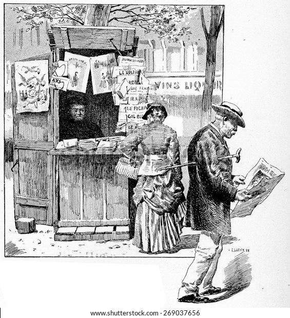 Newspaper Seller Suburb Paris Vintage Engraved Stock Illustration