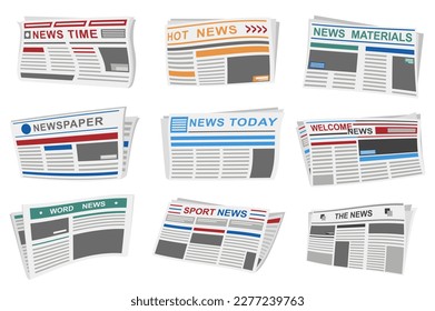 Newspapers set graphic elements in flat design. Bundle of periodical publications with different article headers, news times, world tabloids, paper mass media. Illustration isolated objects