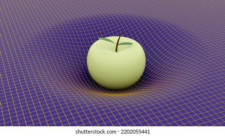 Newton Apple. Gravitational Constant. Curvature Of Space-time Under The Influence Of Body Mass. Newton's Law And The Theory Of Relativity. 3d Illustration