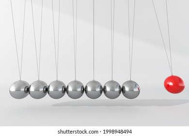 Newton cradle balance balls. Seven balls, made of grey steel, and the edge one coloured red, hanging in line on thin threaded strings, able to start moving if pushed. 3d rendering