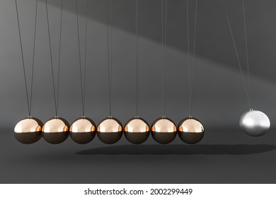 Newton cradle balance balls. Seven balls, made of golden steel and the silver one, hanging in line on thin threaded strings, able to start moving if pushed. 3d rendering