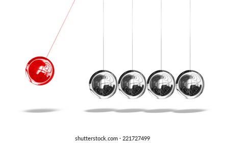 Newton cradle with one red ball isolated on white background