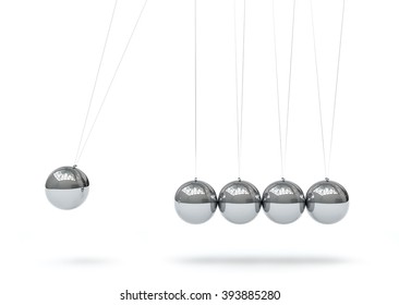 Newton's Cradle - Five Silver Chrome 3D Metallic Pendulum in Raw - Front View - Isolated on White Background. Hanging Pendulum with Reflections on Surface - Horizontally - First Sphere in Action.