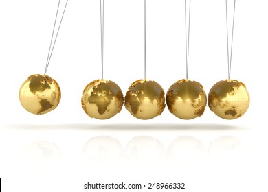 Newton's cradle with golden globes formed by dollar signs, 3d render