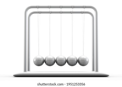 Newton's Cradle is inactive. White pendulum on a white background. 3d rendering