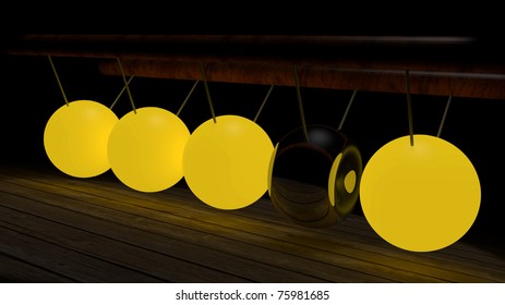 Newton's cradle with lighting balls, one of them battered and unlit