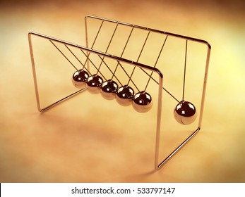 Newton's cradle in motion, silver cradle on white surface, 3D vintage illustration