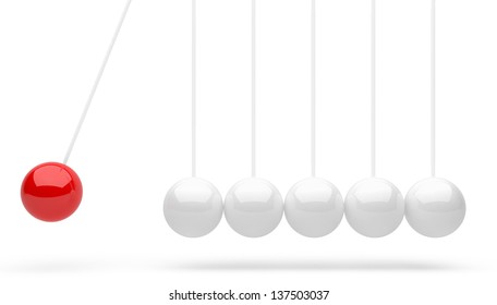 Newton's cradle with one red  ball isolated on white background.  Concept business
